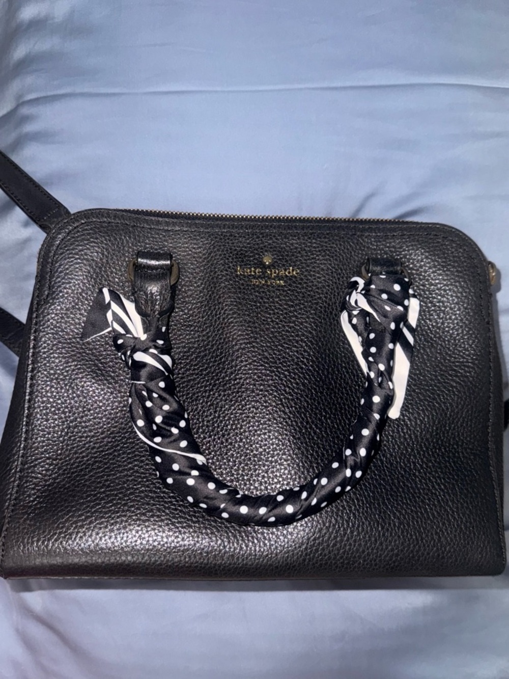 kate spade Black Pebbled Leather Satchel with Polka Dot Scarf-Wrapped Handle